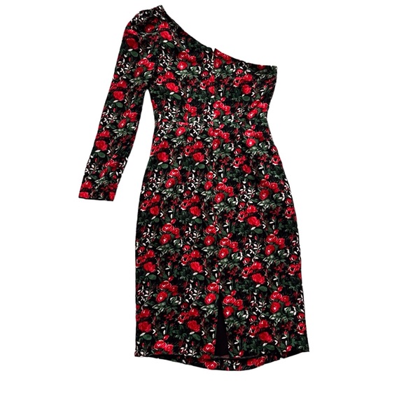 Club Monaco Red Rose Floral Velvet One Sleeve Sheath Dress Fancy Party Women’s 0 - Picture 3 of 12